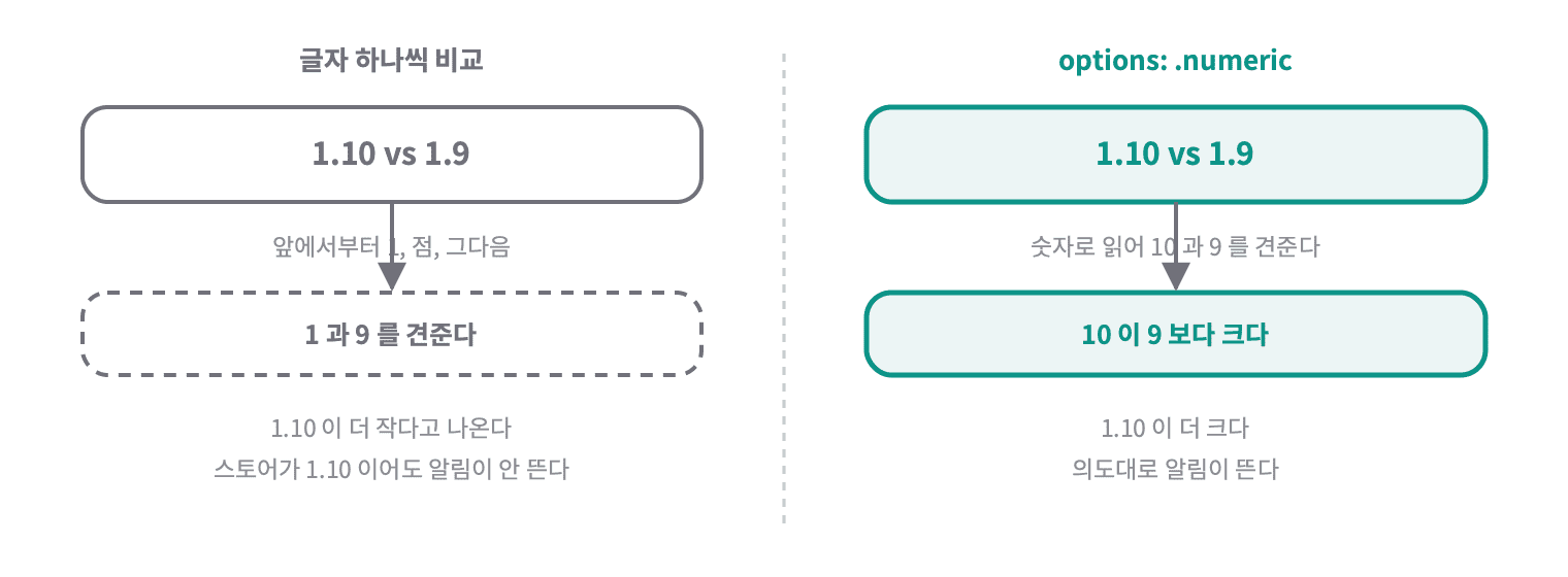 글자 하나씩 비교하면 1 과 9 를 견뎌 1.10 이 작다고 나오고, numeric 을 주면 10 과 9 를 견뎌 1.10 이 크다고 나온다